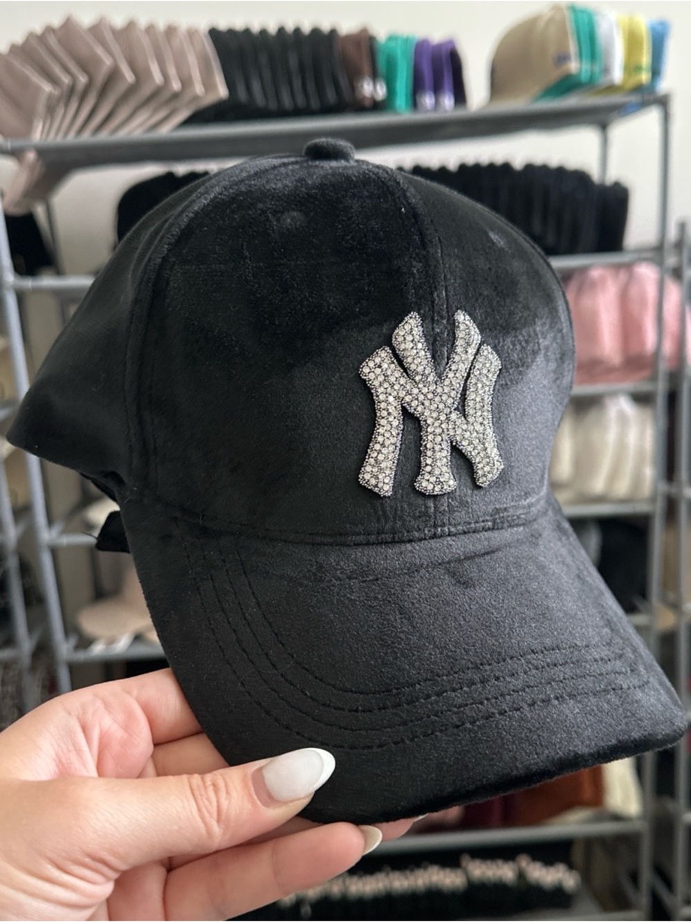 Black Crystal NY Logo Velvet Suede Baseball Cap - Picture 1 of 4